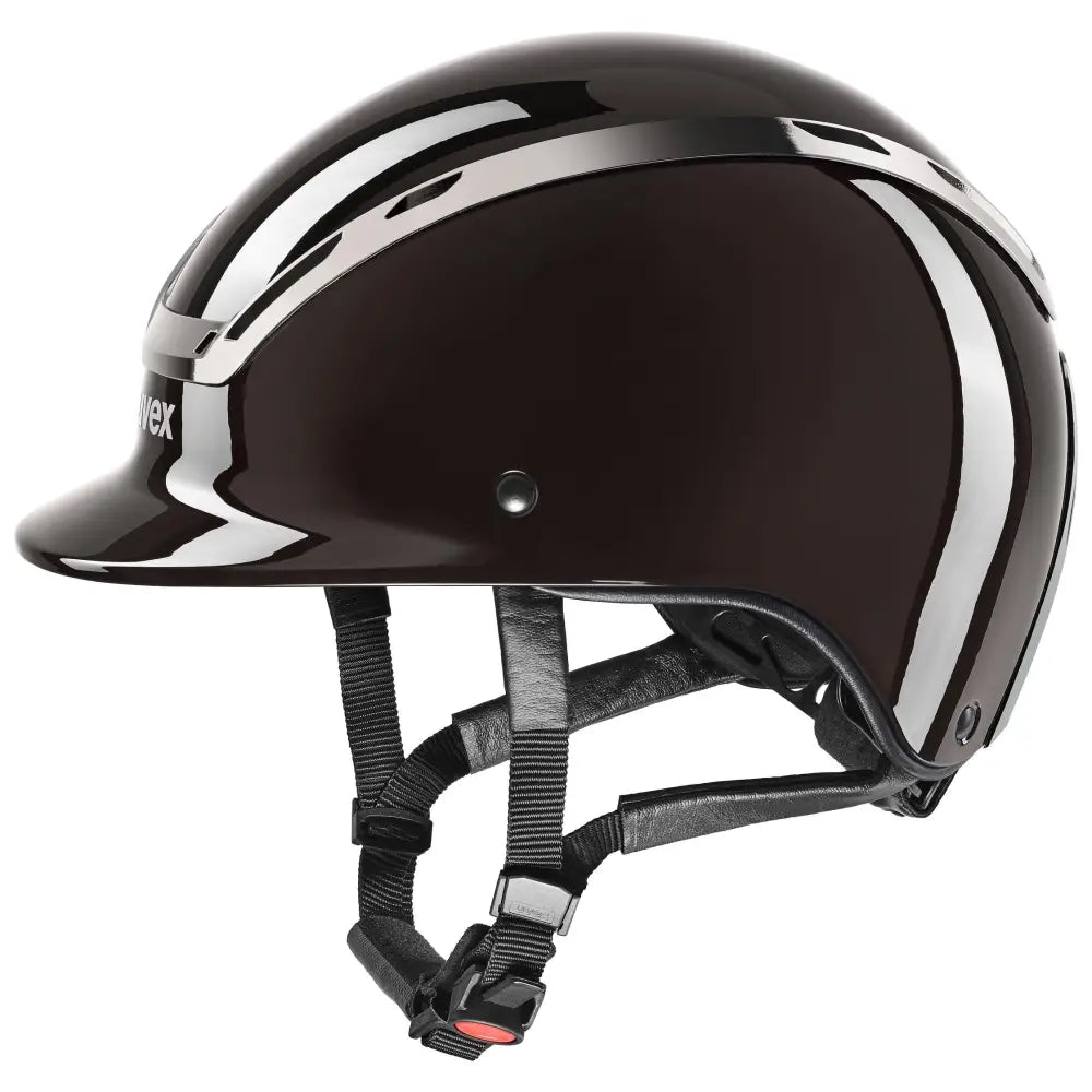 Black glossy uvex exxeed shiny chrome riding hat with silver accent stripes and black adjustable straps