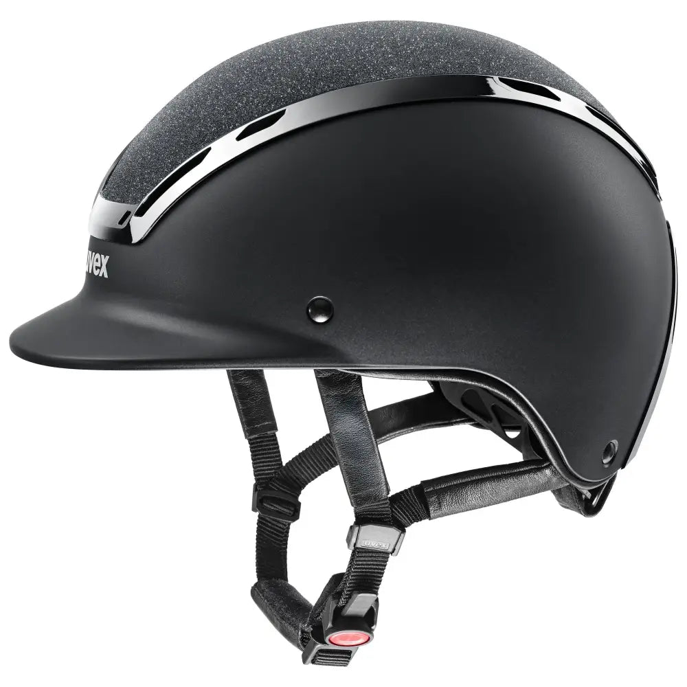 Black uvex exxeed starshine riding hat with matte hardshell helmet technology and silver trim featuring piano lacquer finish