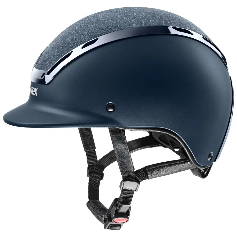 Navy blue uvex exxeed starshine riding hat with textured gray top silver trim hardshell helmet technology and piano lacquer finish