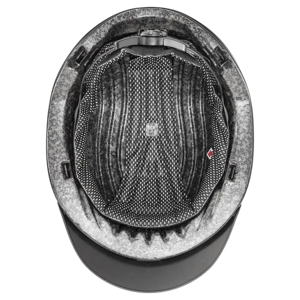 Black uvex exxential iii adjustable riding hat with textured speckled interior and mesh sweat-wicking liner