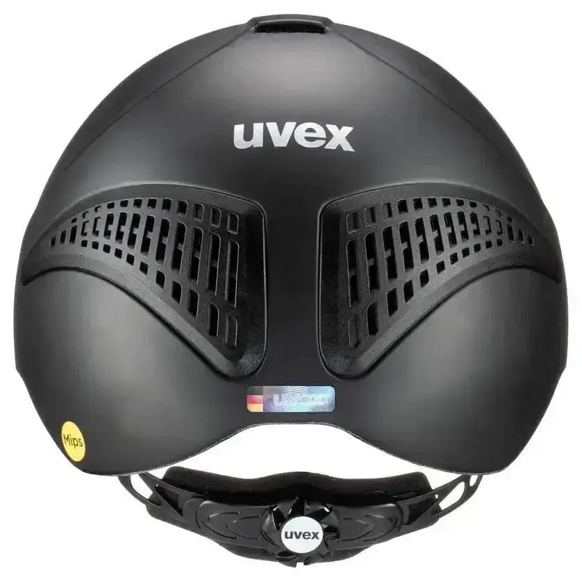 Black uvex exxential iii mips cycling helmet with aerodynamic design and ventilation grilles for adjustable riding