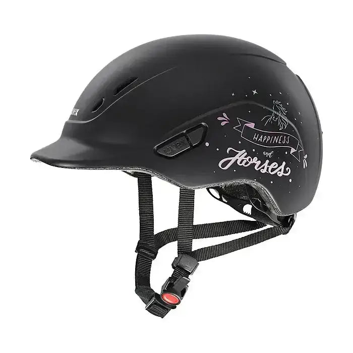Black glossy uvex kiddox happy kids riding helmet with white happiness and horses script and star floral design