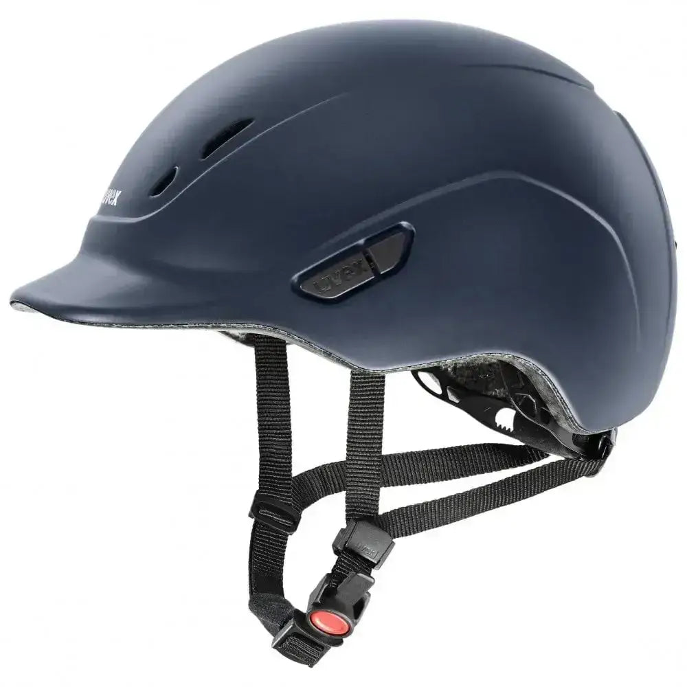 Matte navy kids riding helmet uvex kiddox matt with black adjustable straps and red buckle for safe rides
