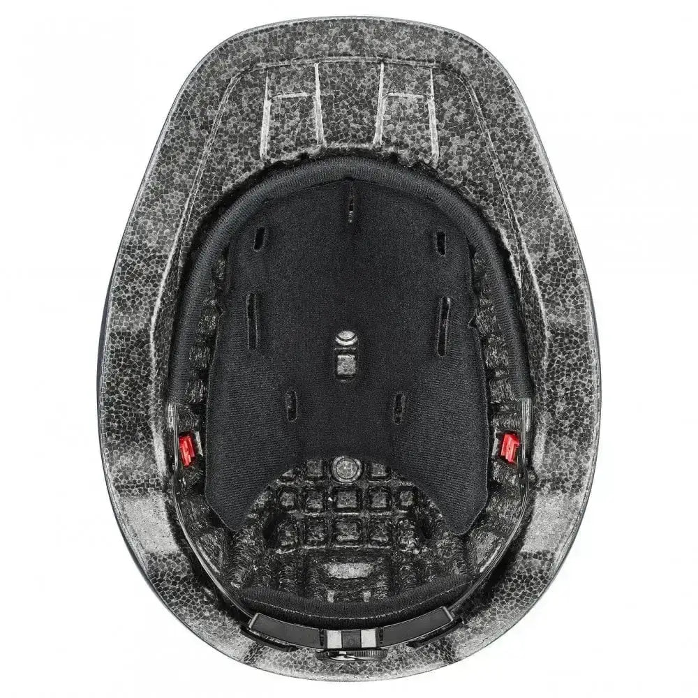 Silver textured uvex kiddox matt equestrian helmet with black padding and red dials for navy kids riding use