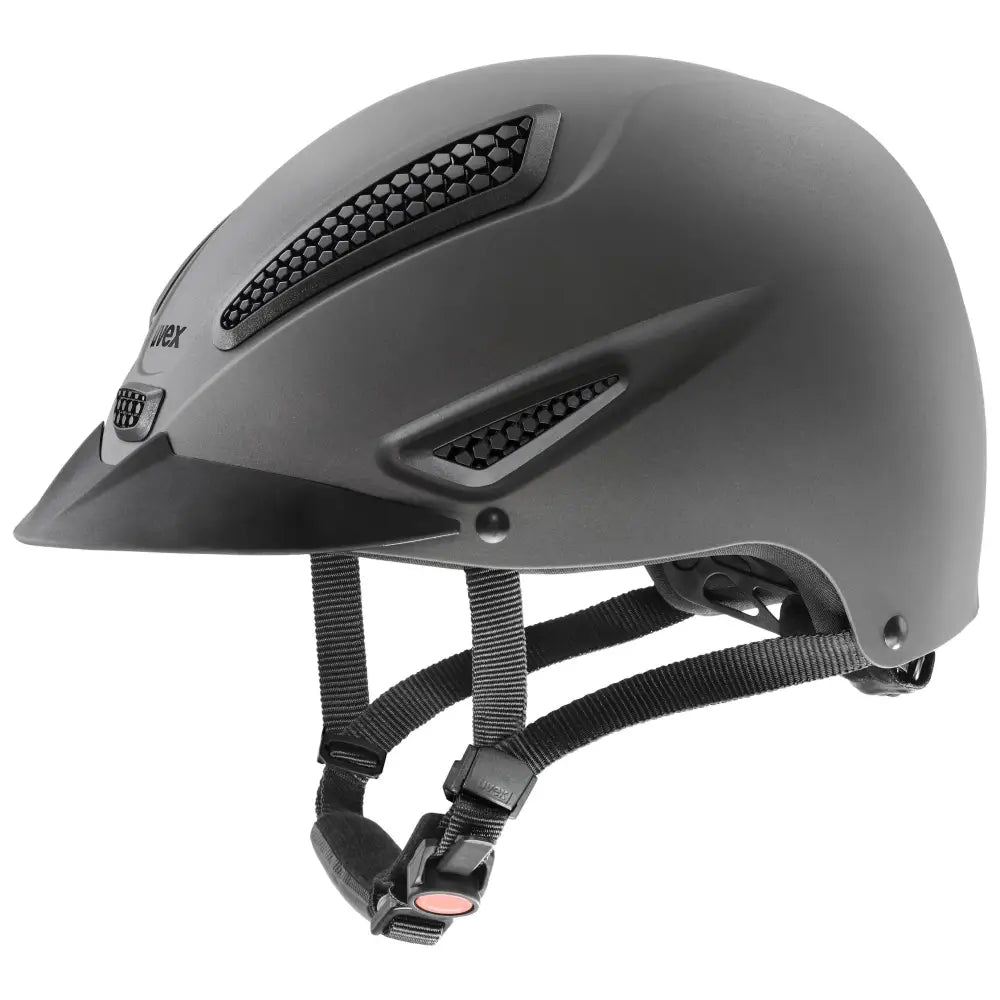 Matte black uvex perfexxion iii extremely impact resistant adjustable riding helmet with honeycomb ventilation grilles and straps