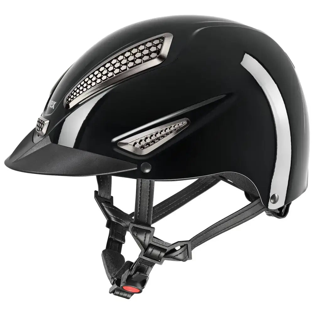 Black glossy uvex perfexxion iii adjustable riding helmet with silver vents and matching visor for equestrian use
