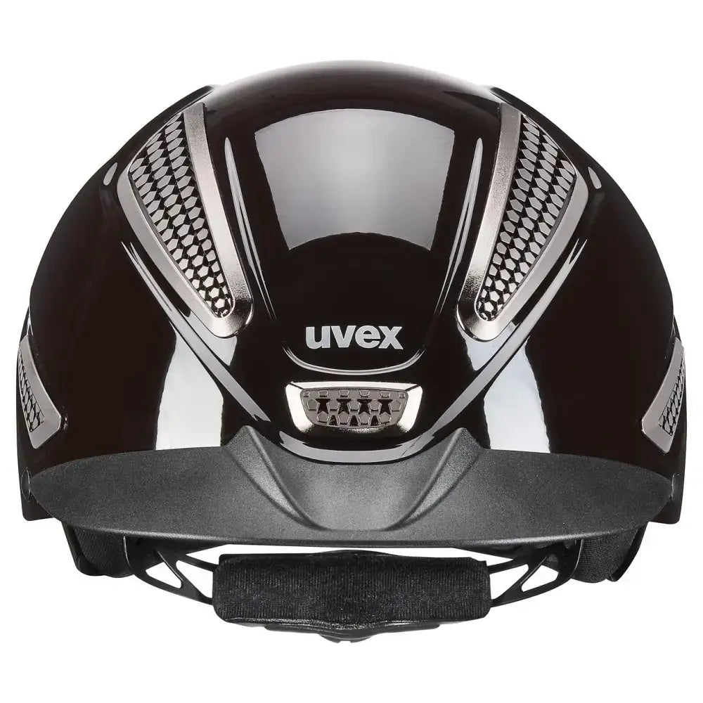 Black uvex perfexxion iii shiny adjustable riding helmet with glossy finish and silver ventilation panels