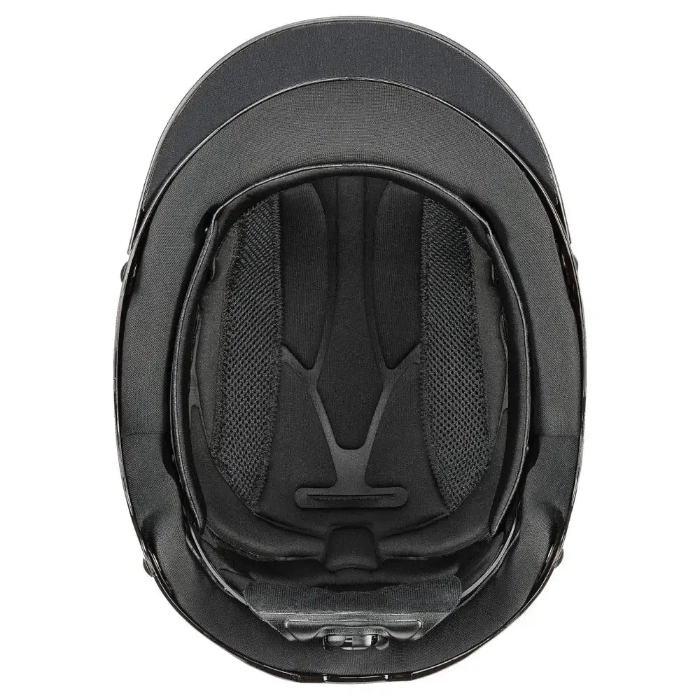 Black uvex perfexxion iii adjustable riding helmet with shiny smooth exterior and breathable mesh lining