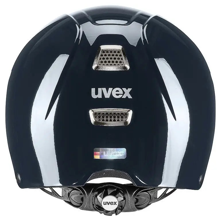 Black glossy uvex perfexxion iii shiny adjustable riding helmet with silver ventilation grilles and chin strap