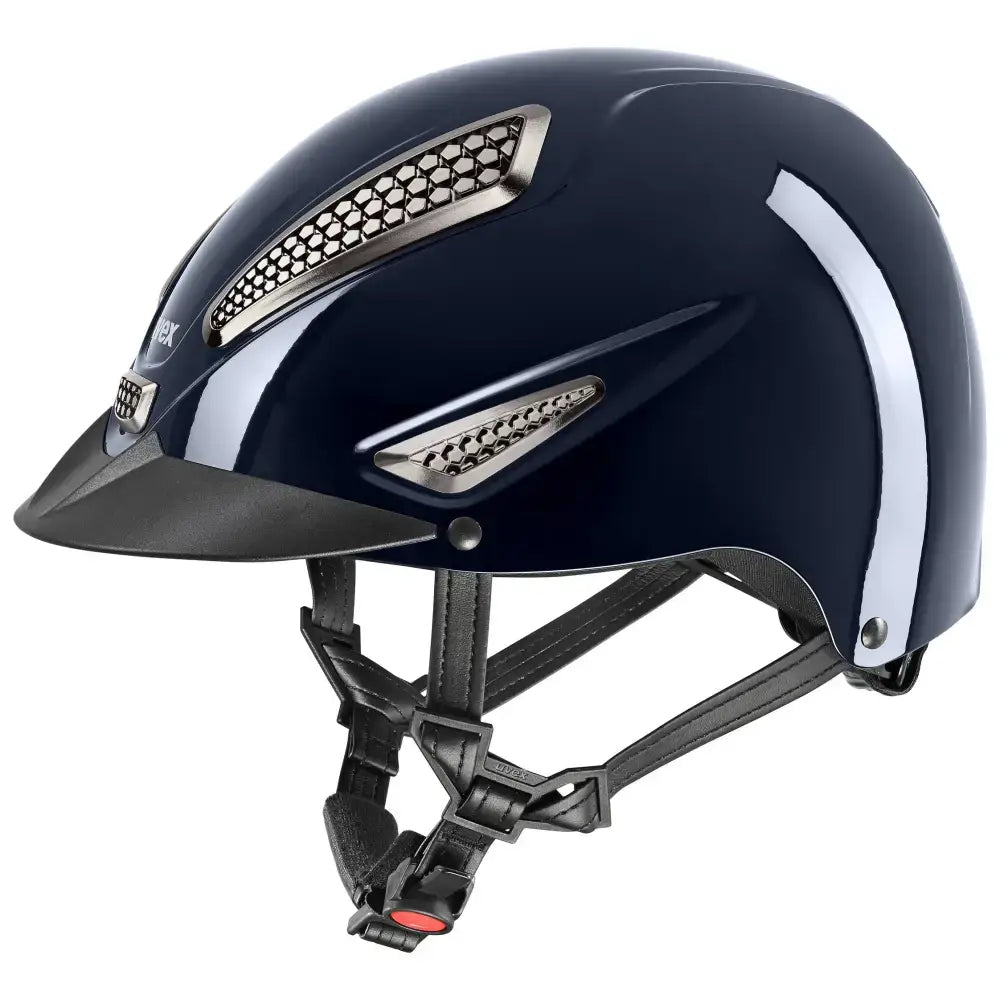 Navy blue uvex perfexxion iii shiny adjustable riding helmet with silver vents white stripe and black straps