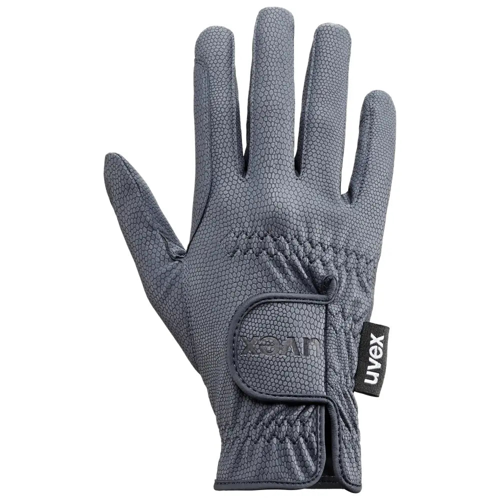 Gray textured uvex sportstyle riding glove with velcro strap and brand tag for excellent grip and comfort