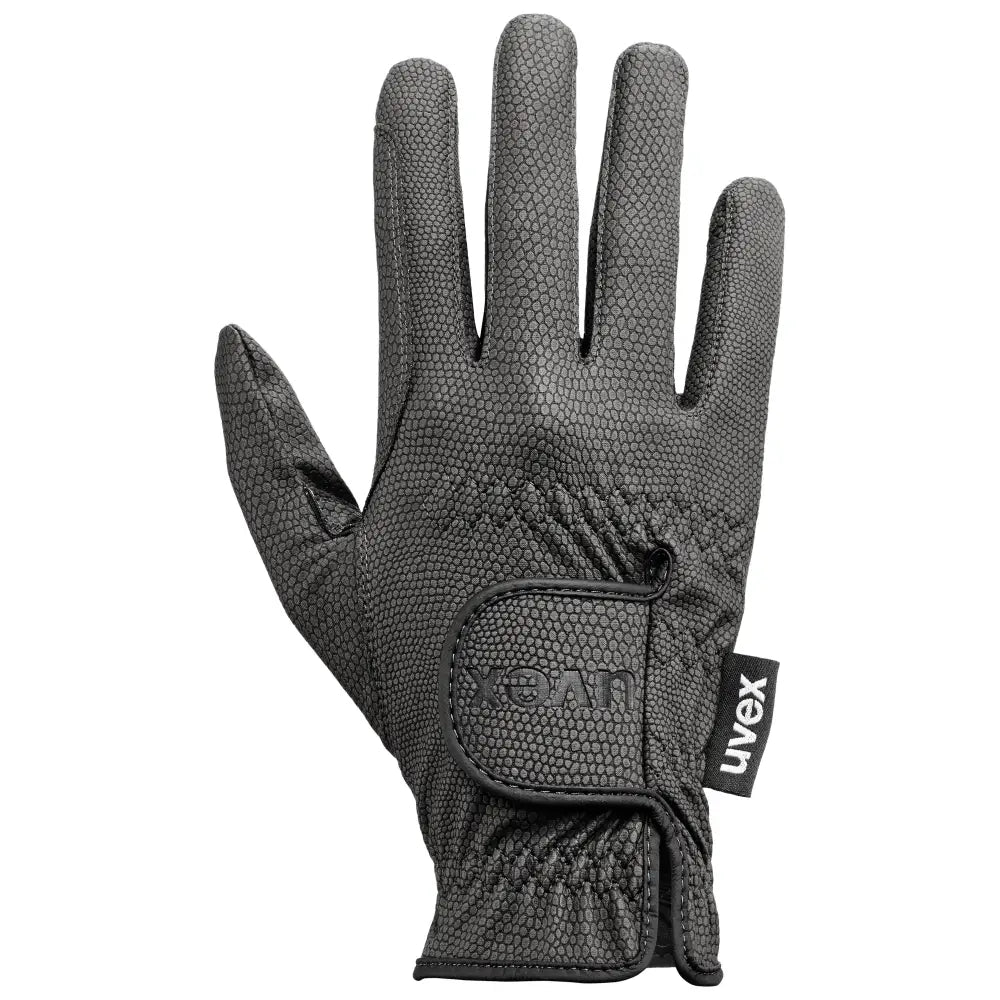 Black uvex sportstyle riding gloves with textured pebbled surface and reinforced stitching for excellent grip