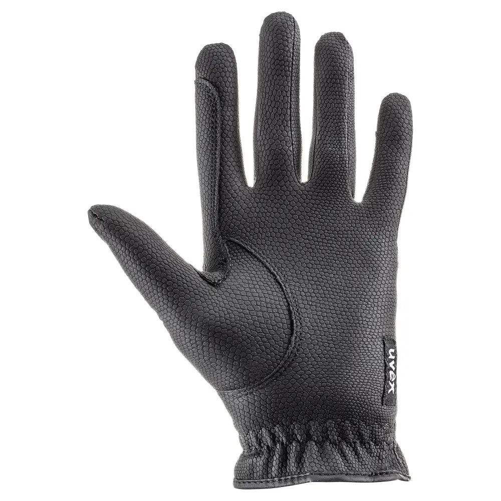 Black uvex sportstyle riding gloves with textured leather pebbled finish and elasticated wristband for excellent grip