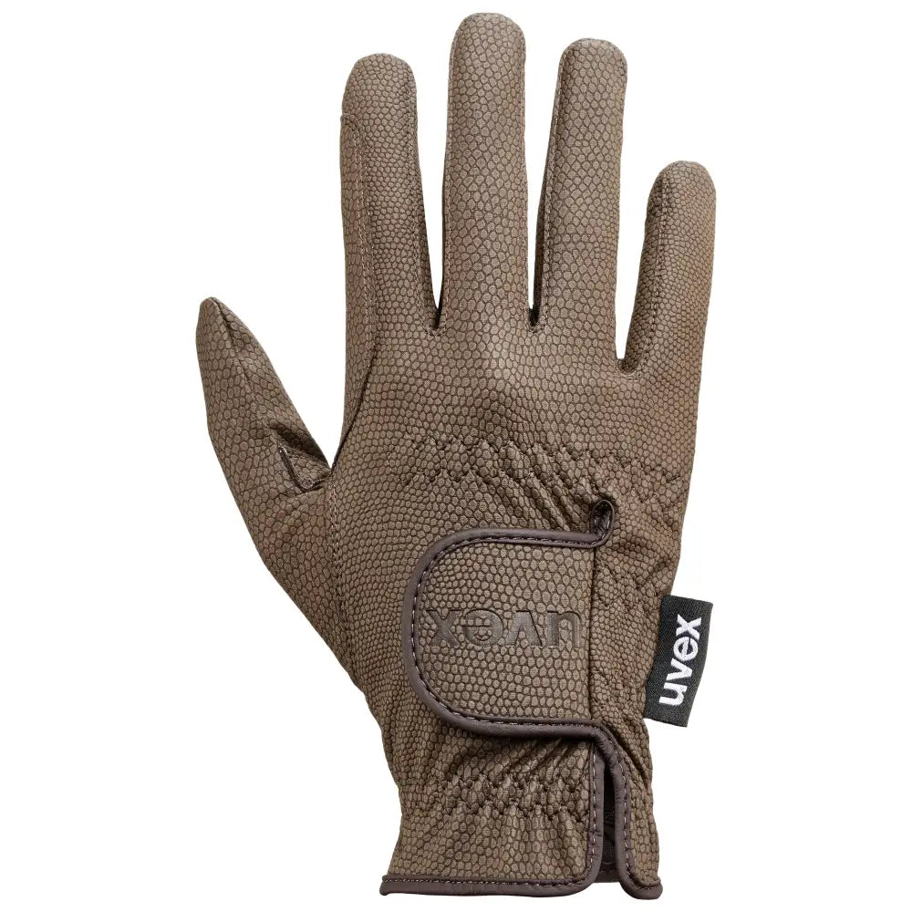 Tan uvex sportstyle riding gloves with tan pebbled leather texture and reinforced stitching for excellent grip