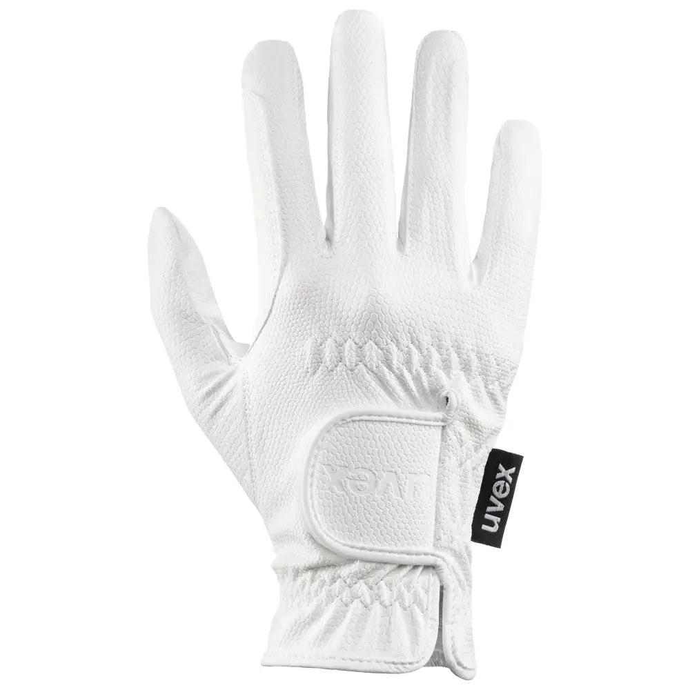 White leather uvex sportstyle riding gloves with textured palm and wrist strap for excellent grip and comfort