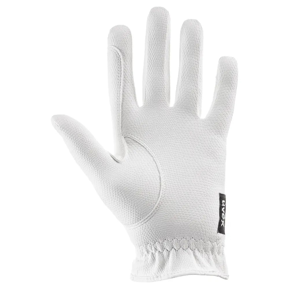 White leather uvex sportstyle riding gloves with textured palm and reinforced stitching for excellent grip