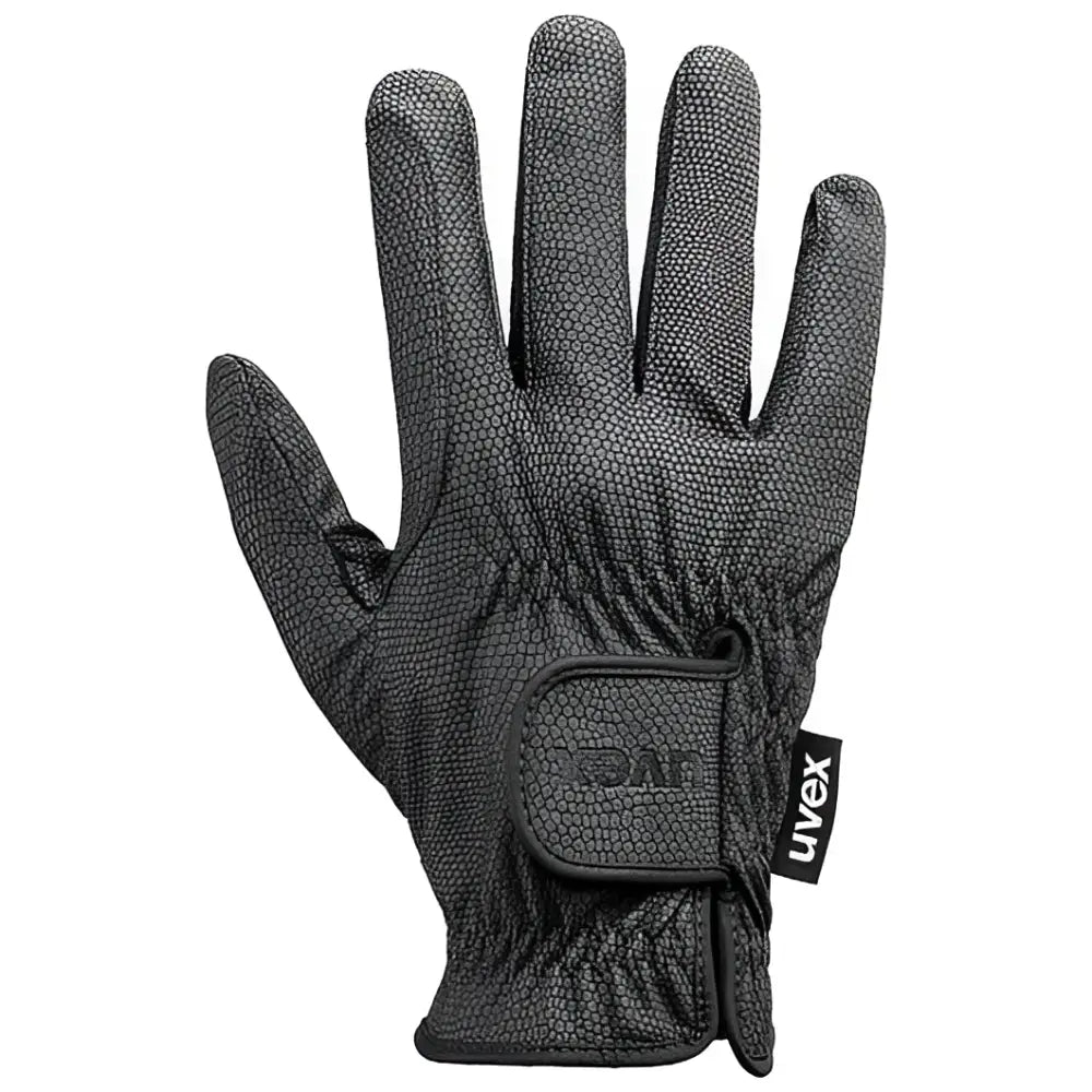 Black textured back of uvex sportstyle winter riding gloves with snap closure and brand tag for cold weather riding
