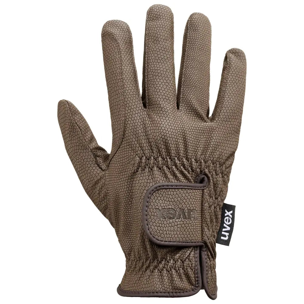 Brown textured leather uvex sportstyle winter riding gloves with velcro strap and brand tag on the back side
