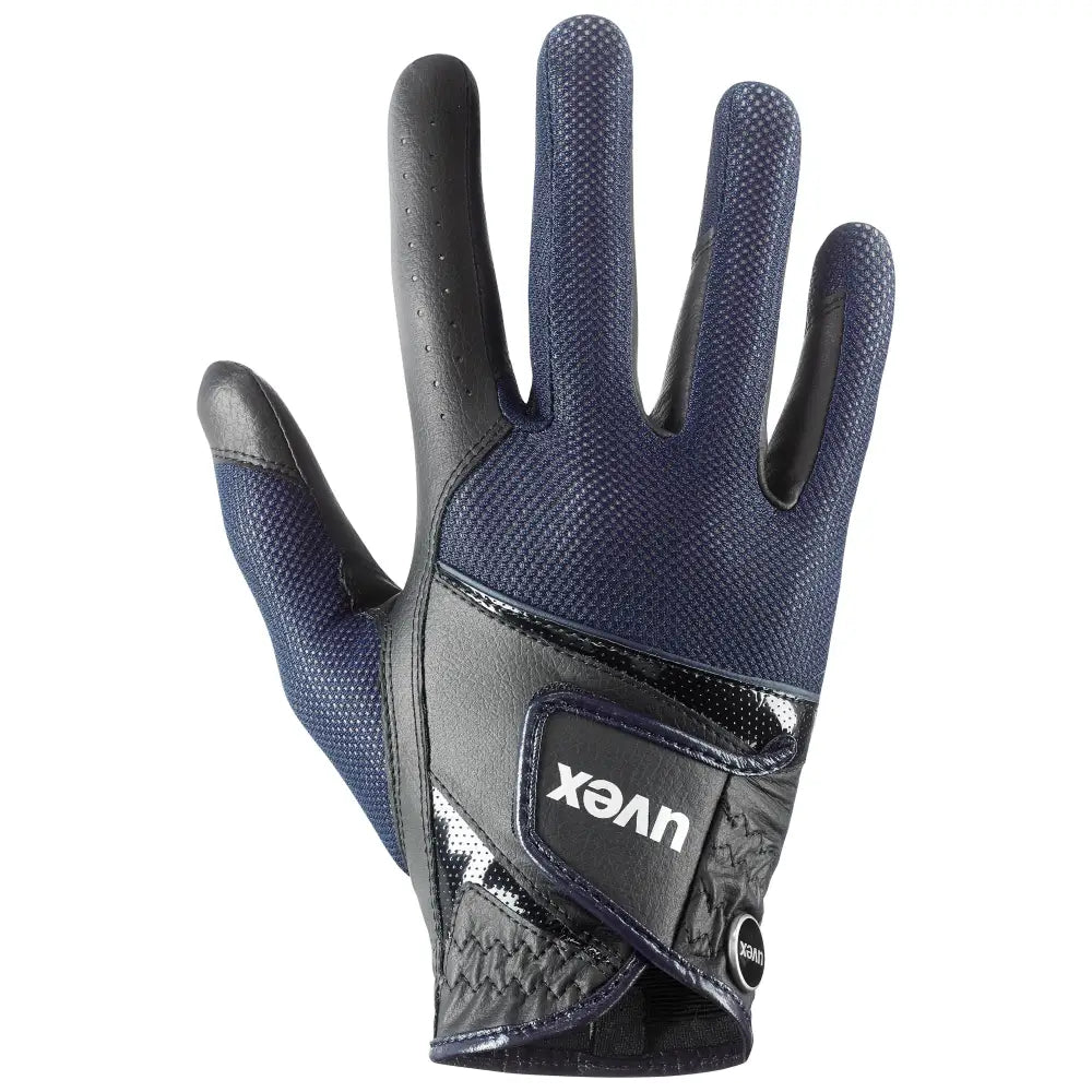 Navy blue and black uvex sumair riding gloves with perforated mesh palms and leather accents for intensive rides