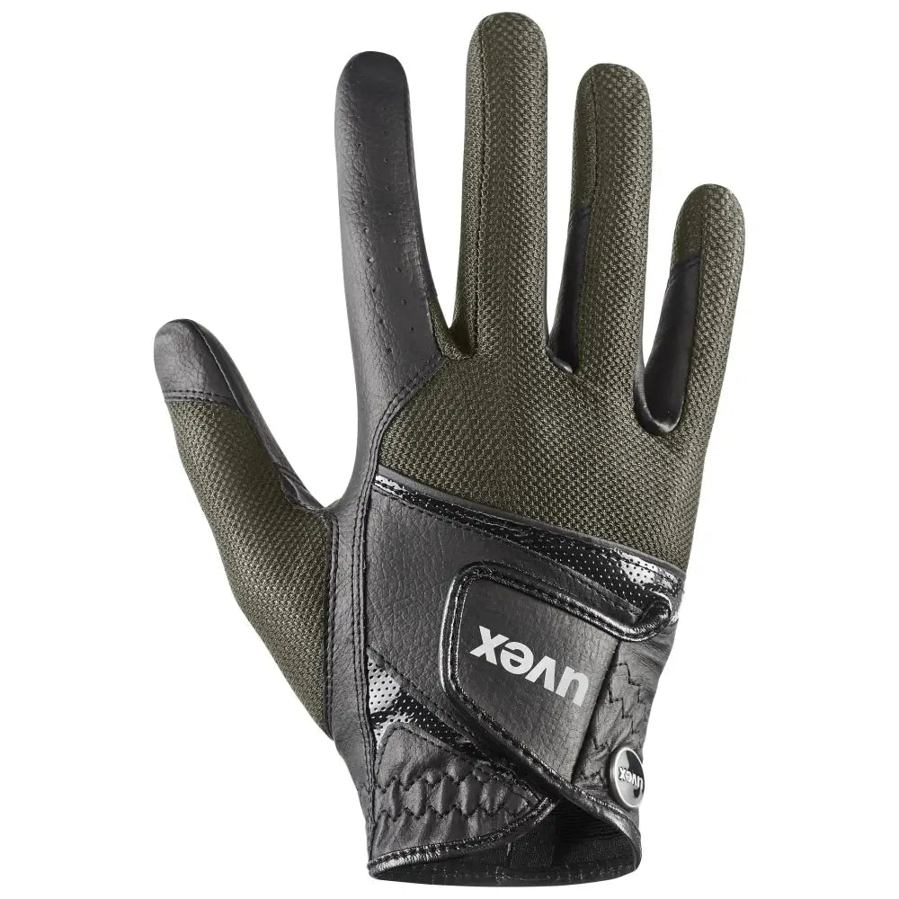 Back side of black and olive green uvex sumair riding gloves with leather accents and breathable mesh for intensive rides