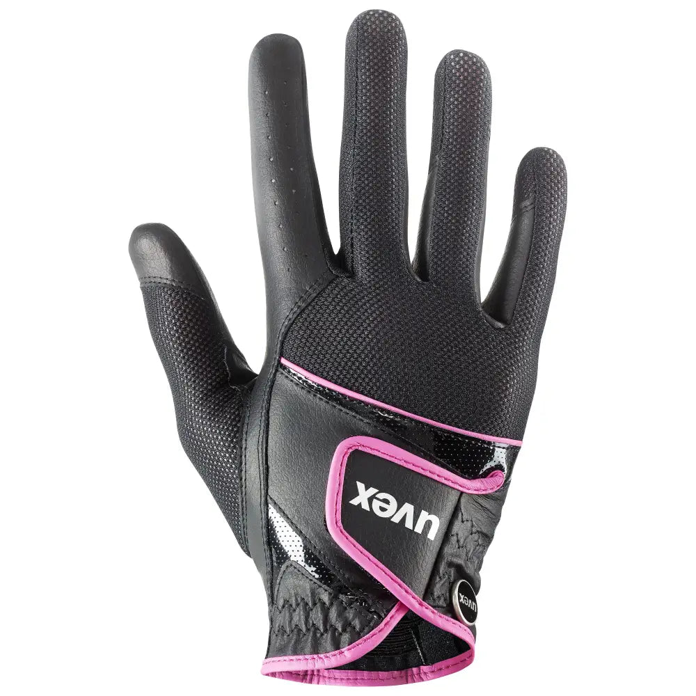 Back of black and pink uvex sumair riding gloves with textured mesh palm and leather strap for intensive rides