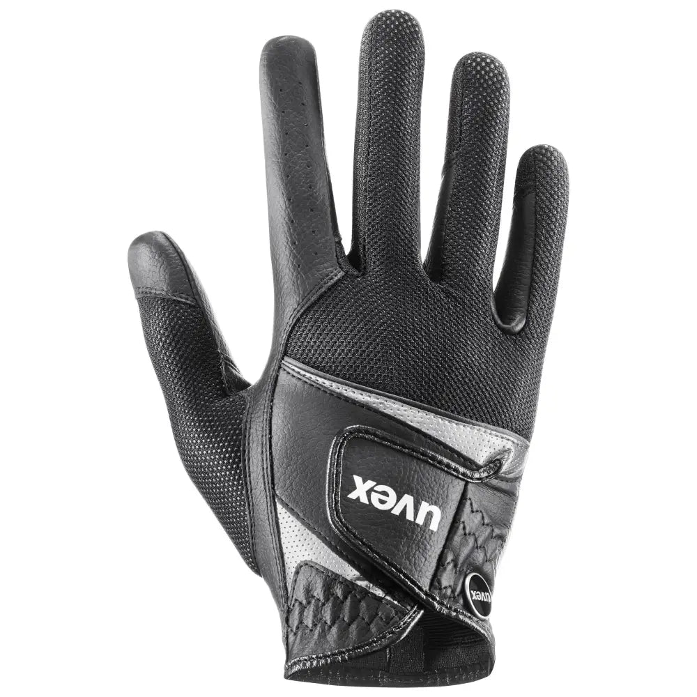 Black and silver uvex sumair riding gloves with perforated leather palms and breathable mesh for intensive rides
