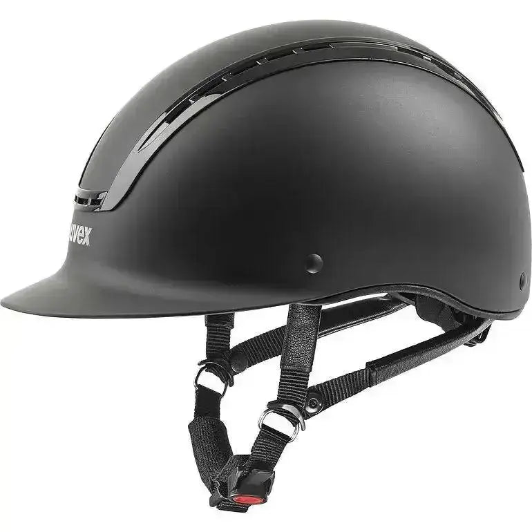 Black matte finish uvex suxxeed active riding hat with sleek design and adjustable straps for active riding safety