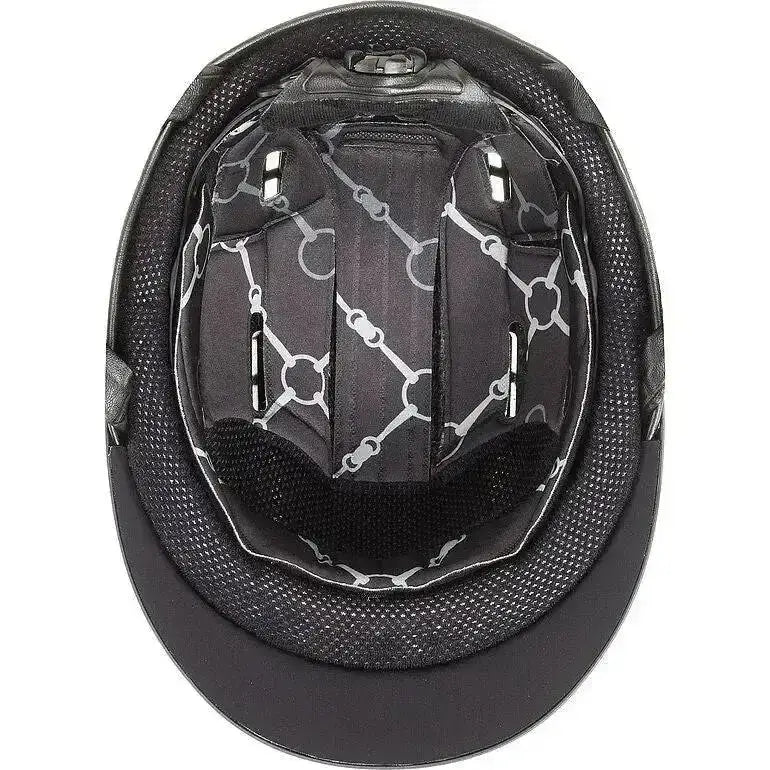 Black uvex suxxeed active riding hat with white chain-link interior lining for active riding comfort