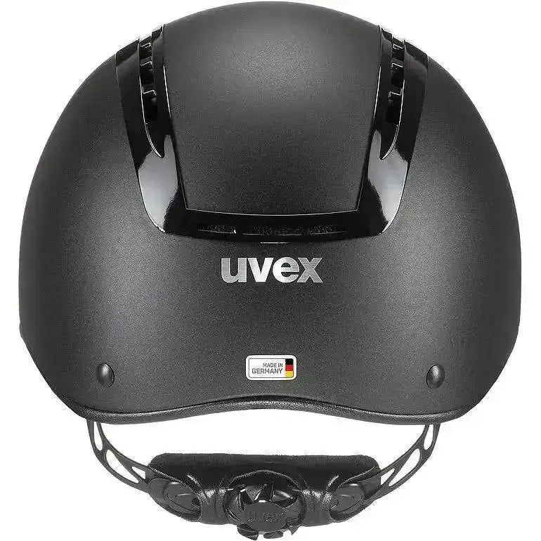Black uvex suxxeed active riding hat with matte finish glossy ventilation slots and made in germany badge