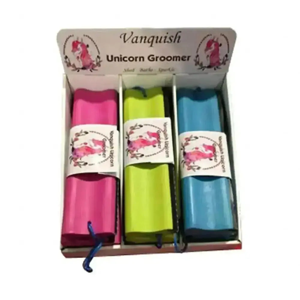 Vanquish unicorn shedding groomer in vibrant pink lime green and blue plastic wraps with fun unicorn labels