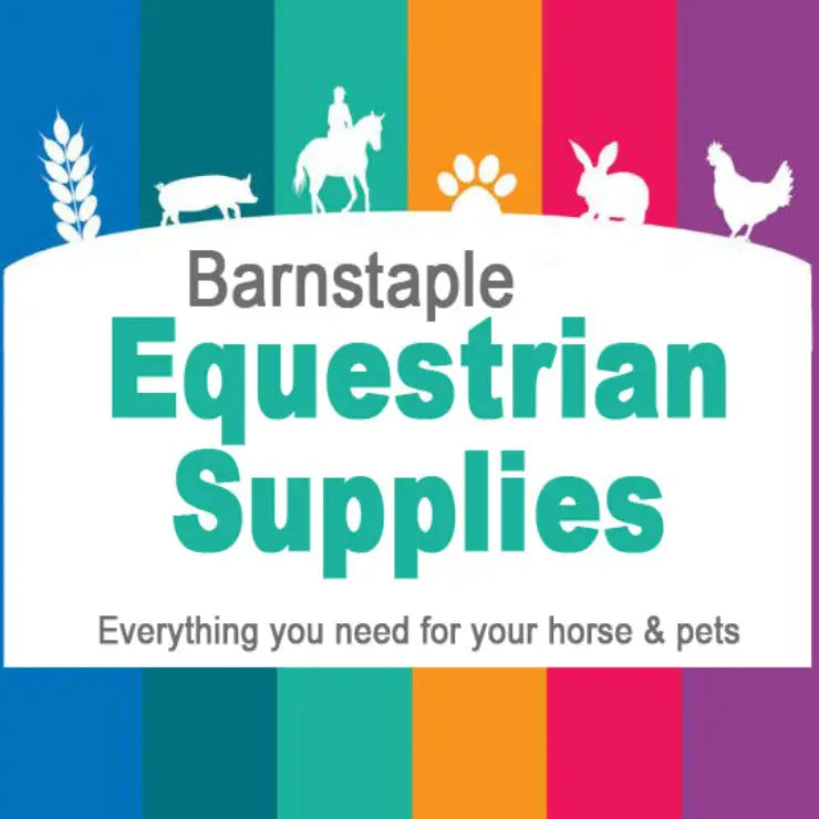 Barnstaple equestrian supplies logo with bold teal text on white banner with colorful stripes and animal silhouettes for horse lovers variant description