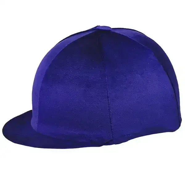A royal blue suede velour hat cover with flat brim and stitched seams ideal for equestrian helmets and steamed spandex velour use