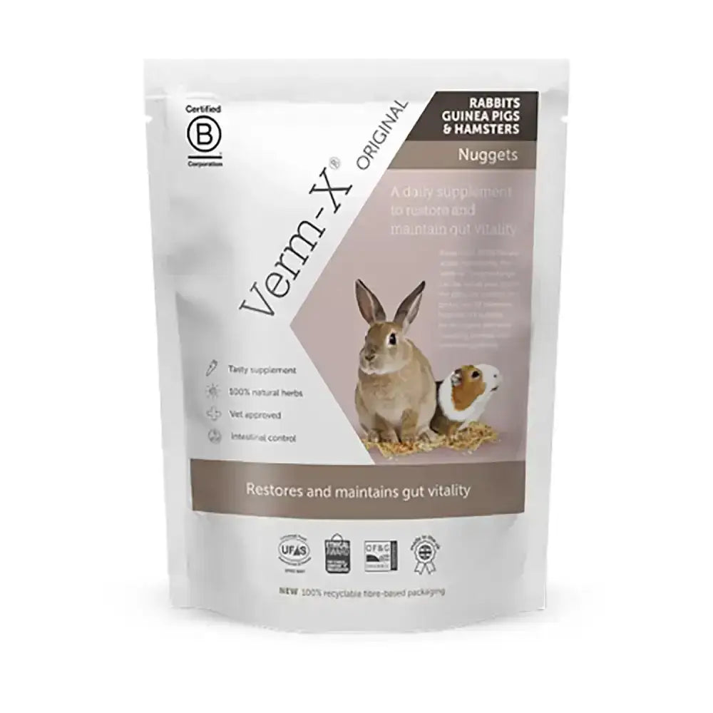 White pouch of verm-x original nuggets controls intestinal hygiene for rabbits guinea pigs and hamsters
