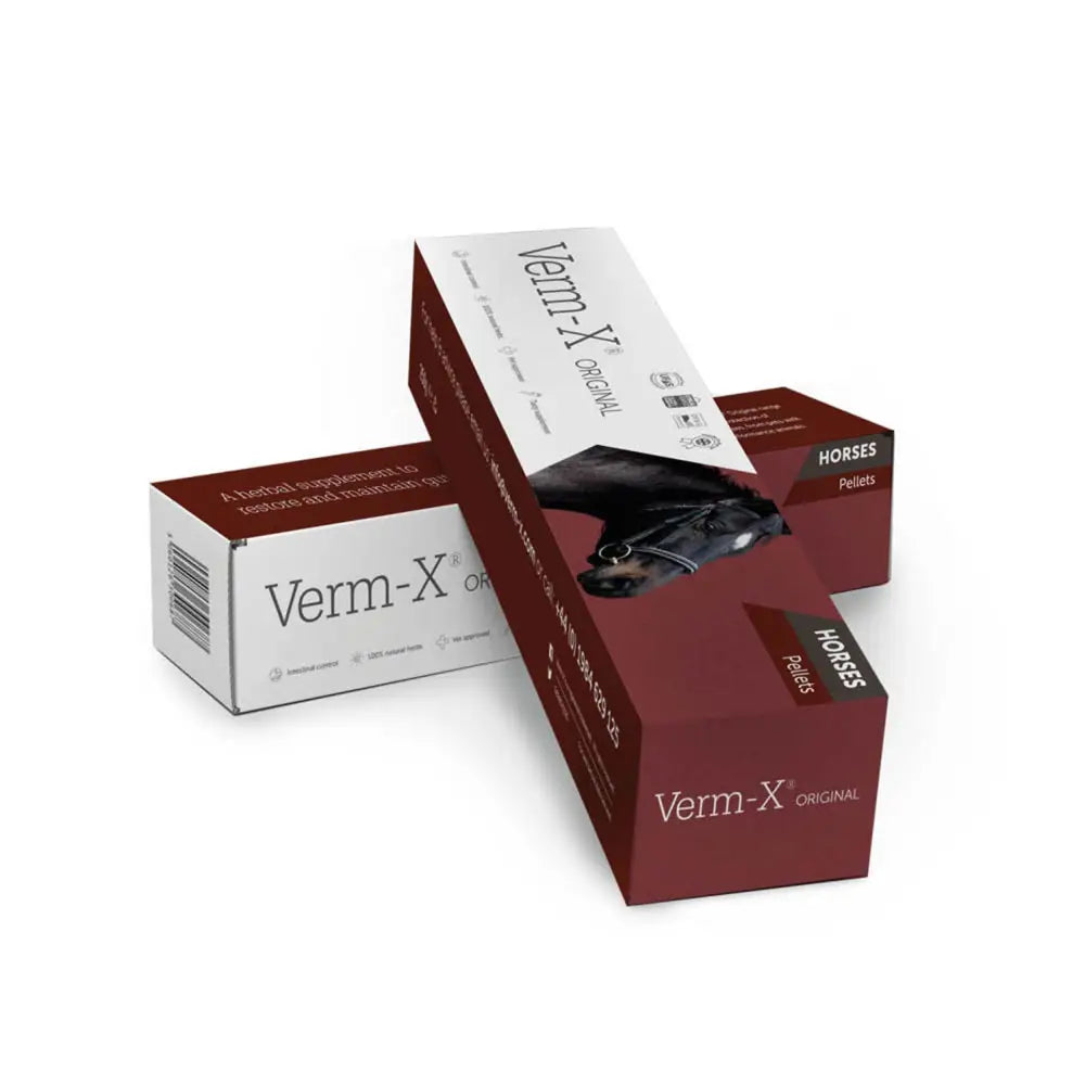 Maroon and white rectangular box of verm-x original pellets for horses and ponies in an equestrian care product