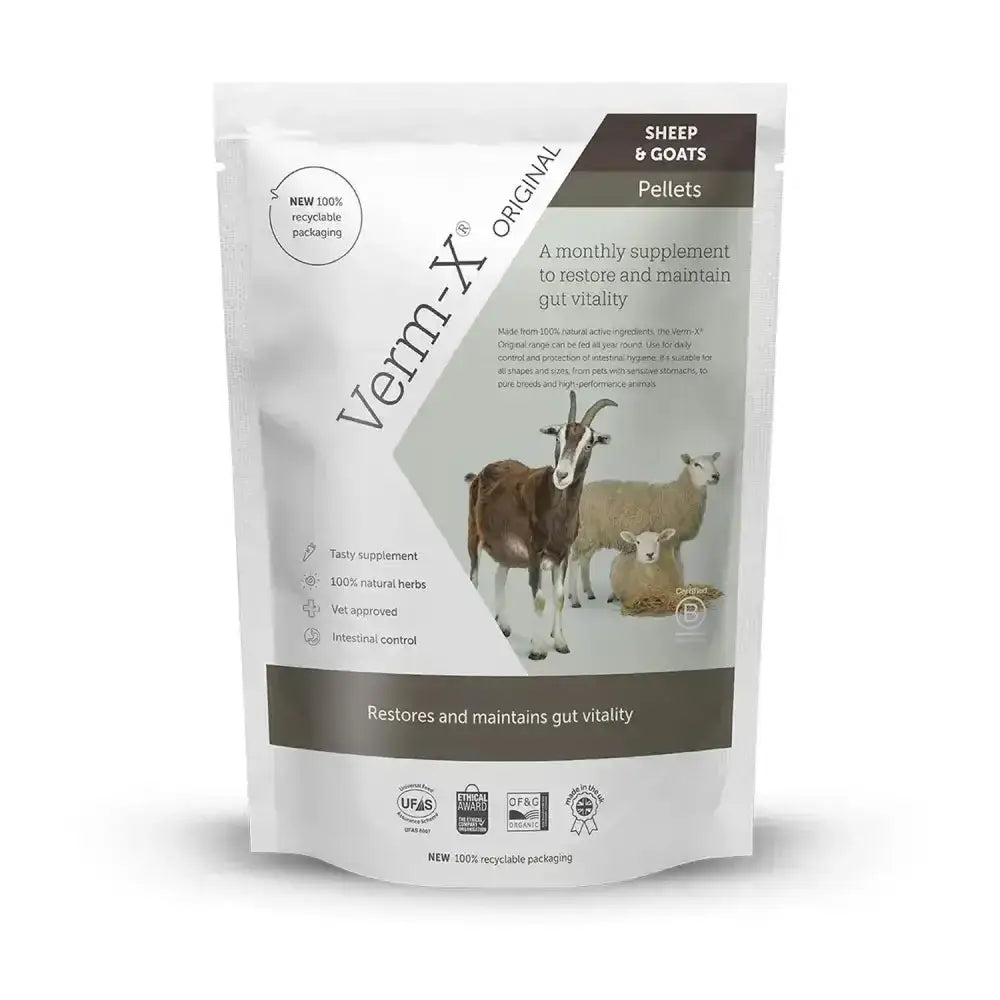 White and gray pouch of verm-x original pellets for sheep and goats controls intestinal hygiene monthly supplement