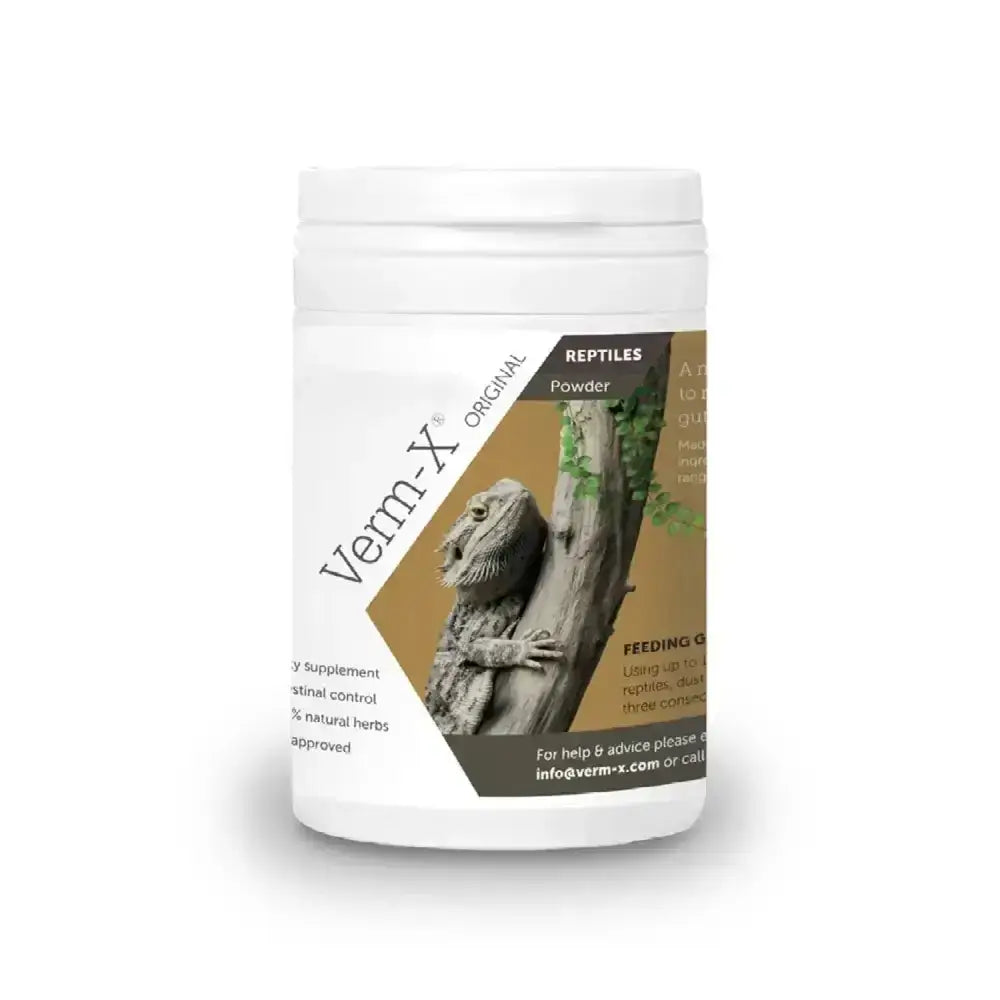 White plastic container of verm-x original powder for reptiles with bearded dragon label for intestinal health support