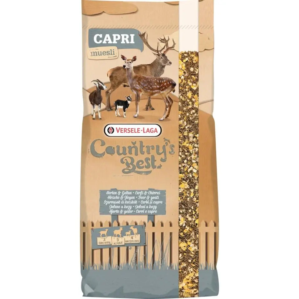 Brown paper bag of versele laga caprimash 3 & 4 muesli with deer and goats illustrations and barley flakes gluten feed visible