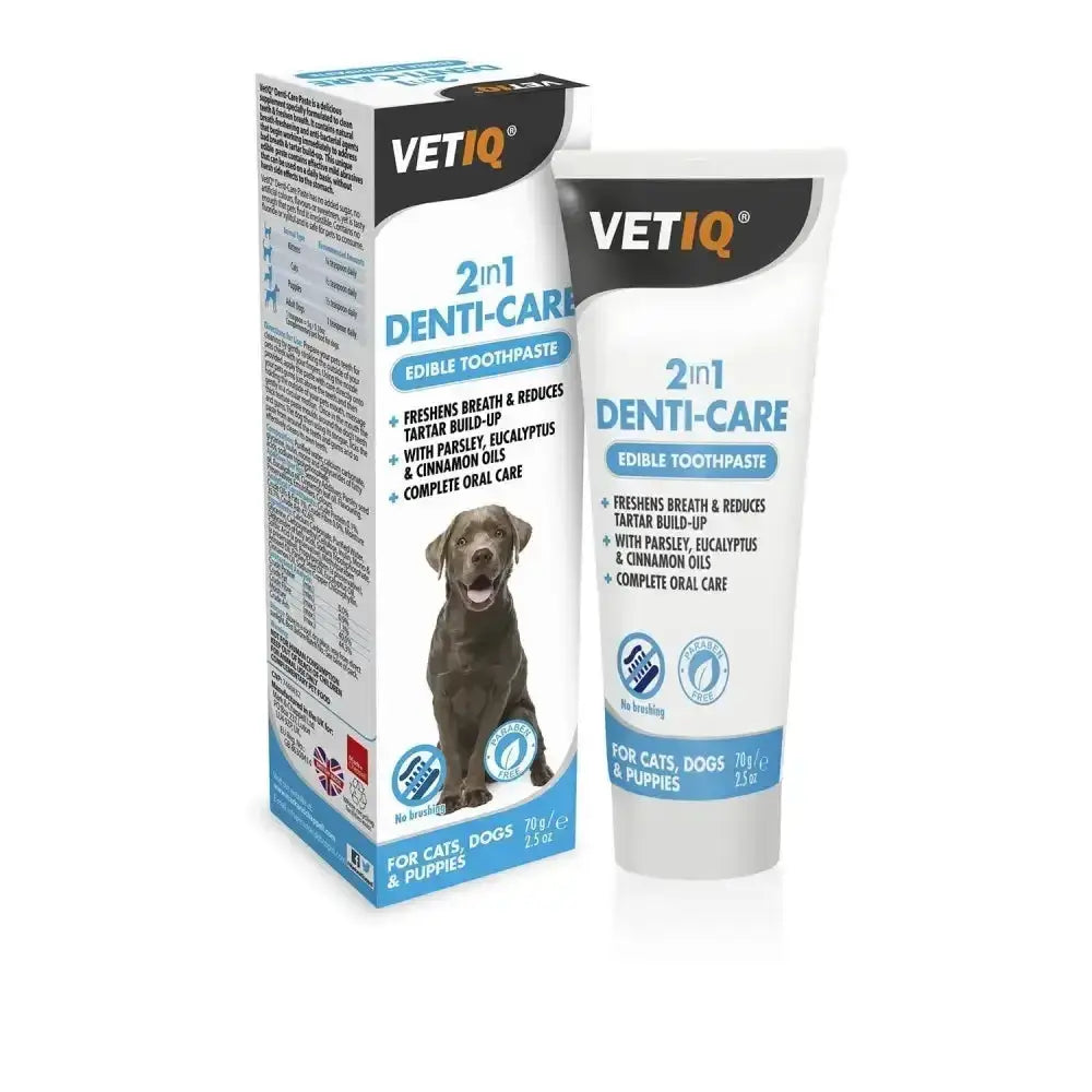 White tube of vetiq 2in1 denti-care edible toothpaste with cinnamon oils for cats dogs and puppies