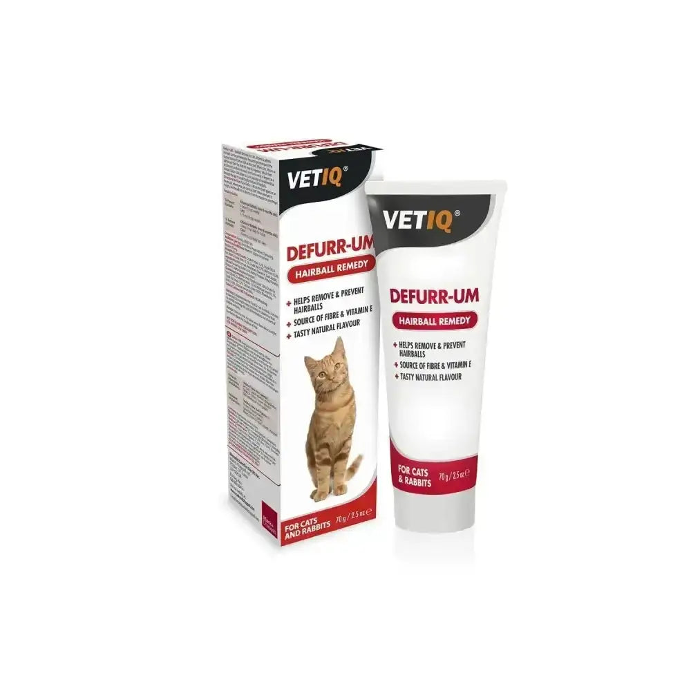 White tube and box of vetiq defurr-um hairball remedy for cats with mild laxative effect that reduces future blockages