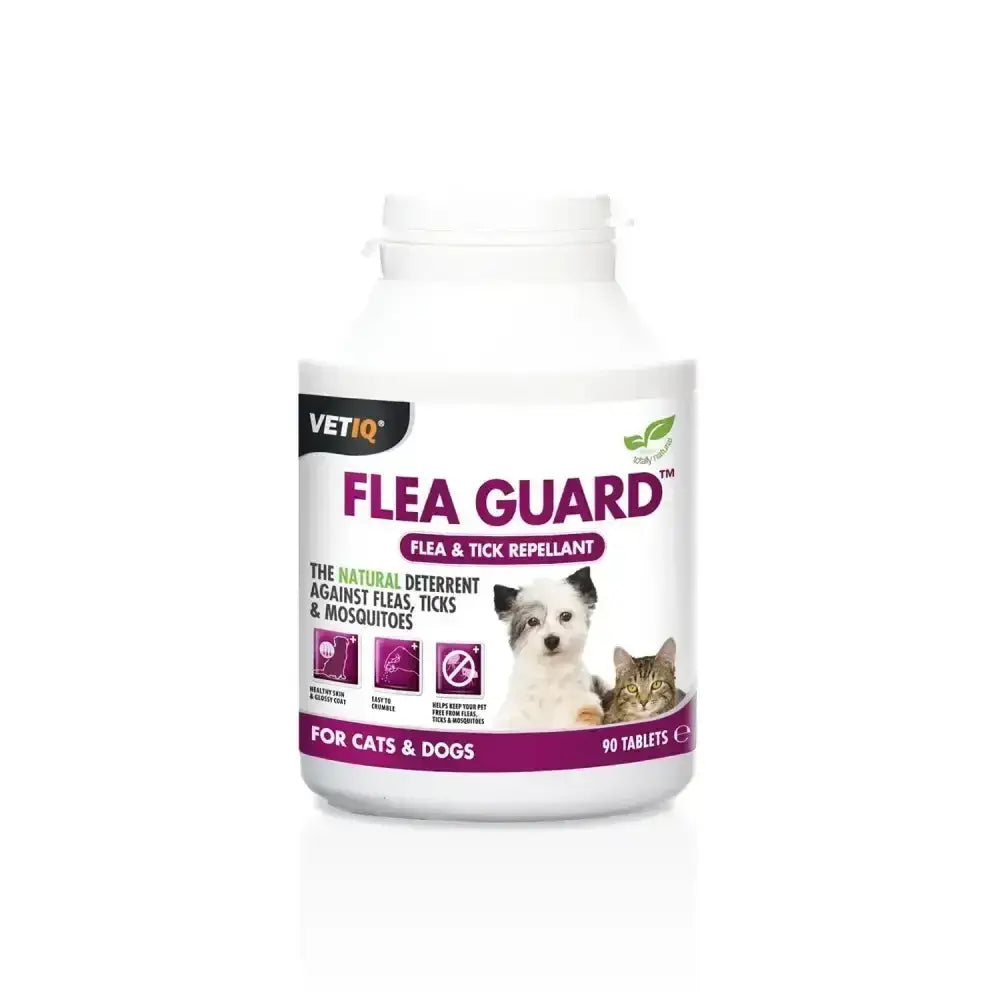 White plastic bottle of vetiq flea guard flea guard tablets featuring a natural unique blend for cats and dogs