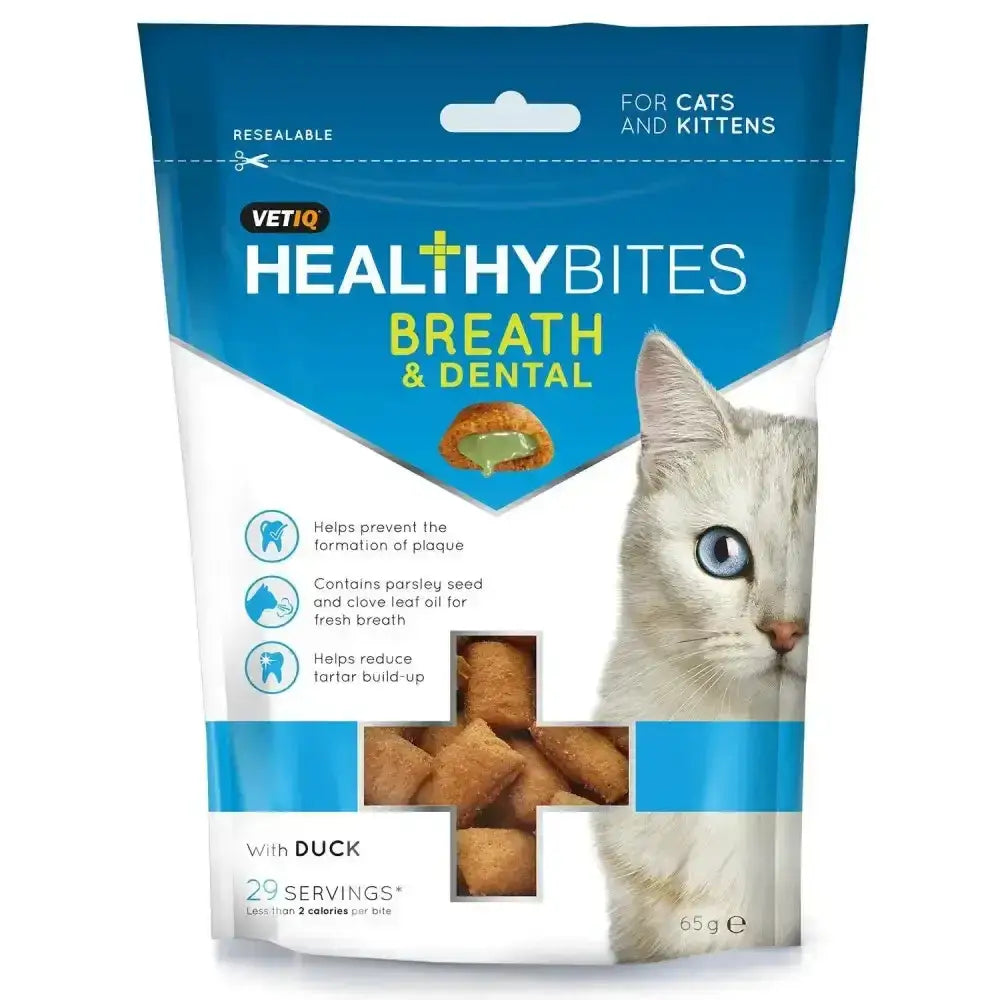 Blue and white resealable bag of vetiq healthy bites breath and dental cat treats with delicious dual action duck flavor
