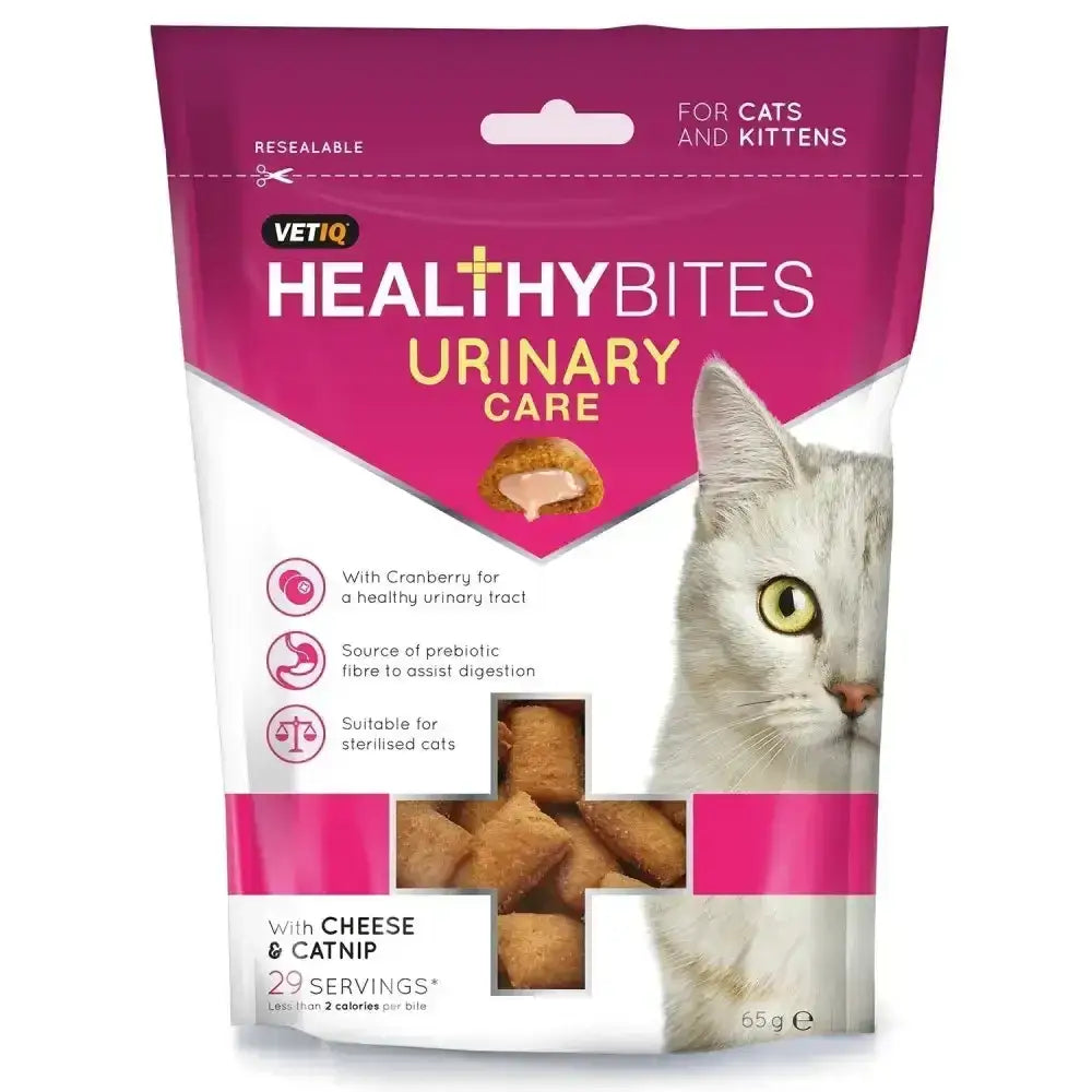 A vibrant pink and white resealable bag of vetiq healthy bites urinary care cat treats with a white cat image