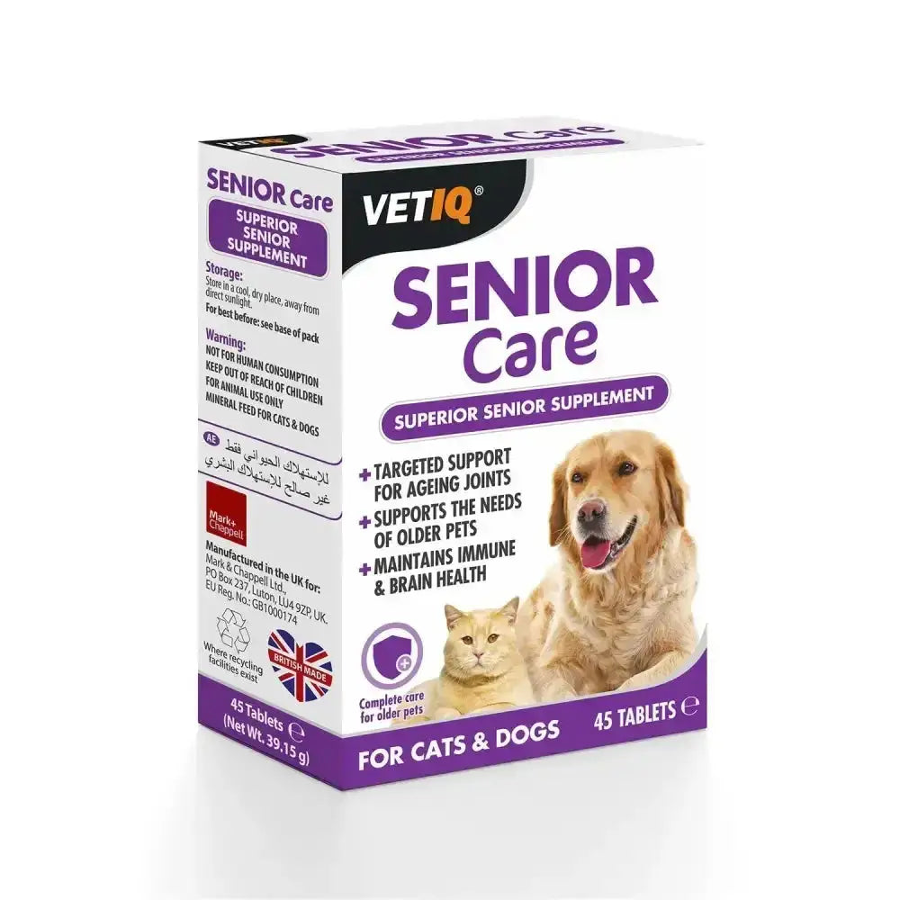 White and purple box of vetiq senior care tablets for cats and dogs with a unique concentrated source of natural active ingredients