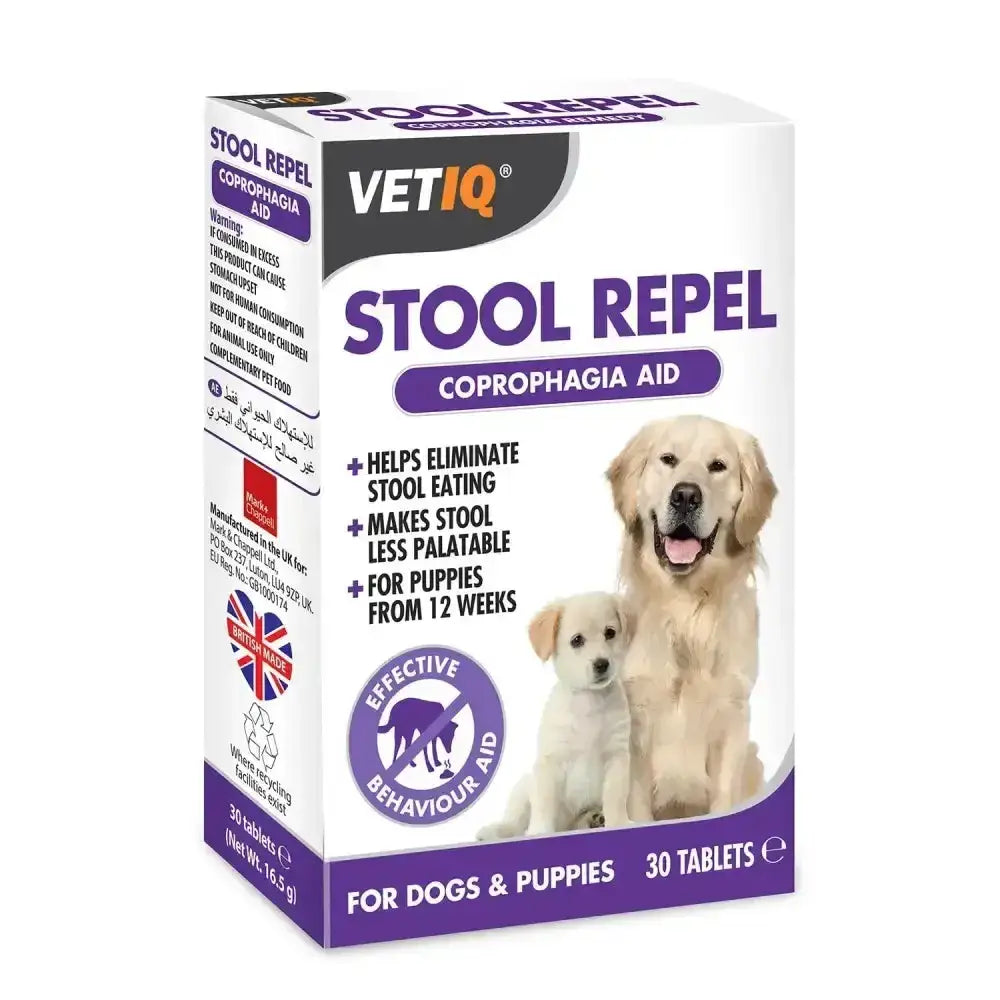 Vetiq stool repel tablets box white with purple shows golden retriever and puppy for puppies coprophagia aid