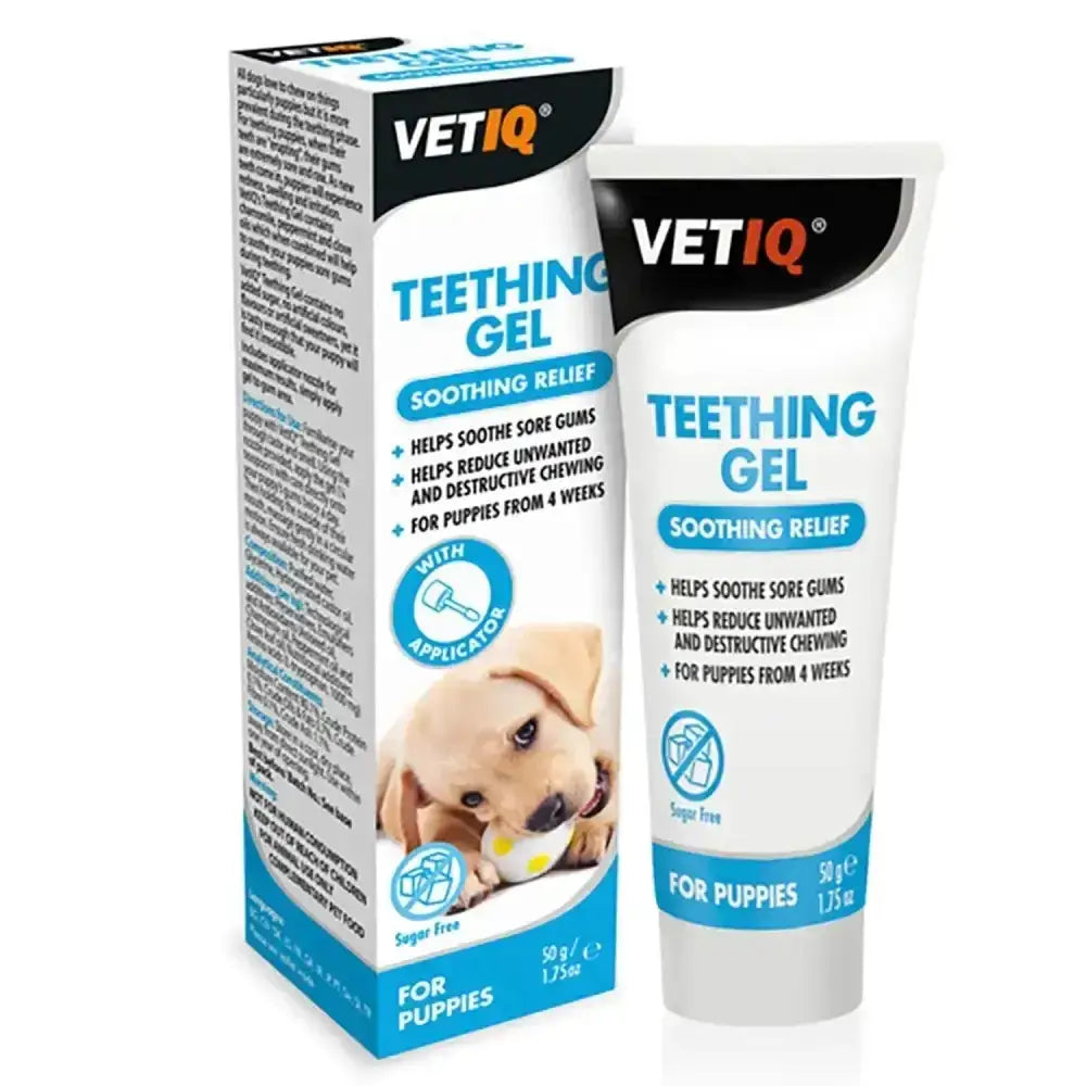 White tube of vetiq teething gel with blue and black labeling for puppies teeth from 4 weeks old