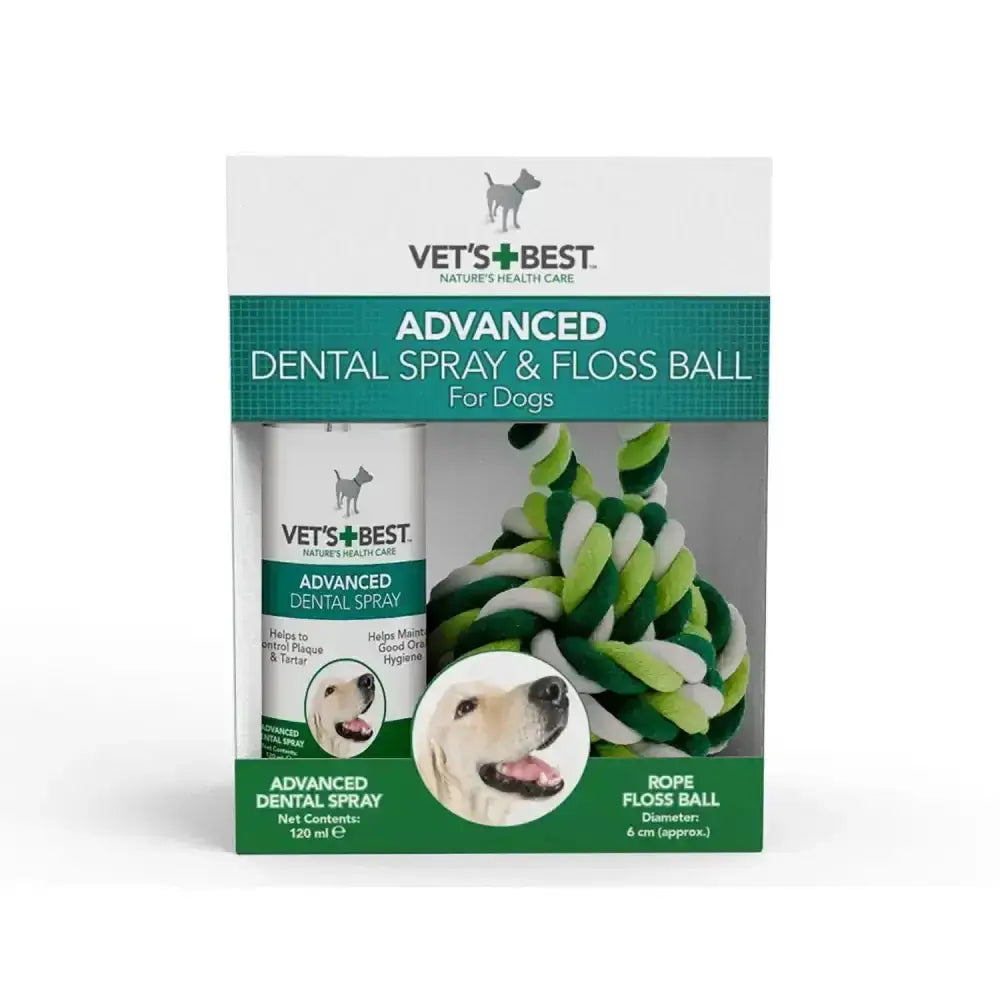 Vets best dental pocket spray and green white rope floss ball advanced set for dogs with 6 cm diameter