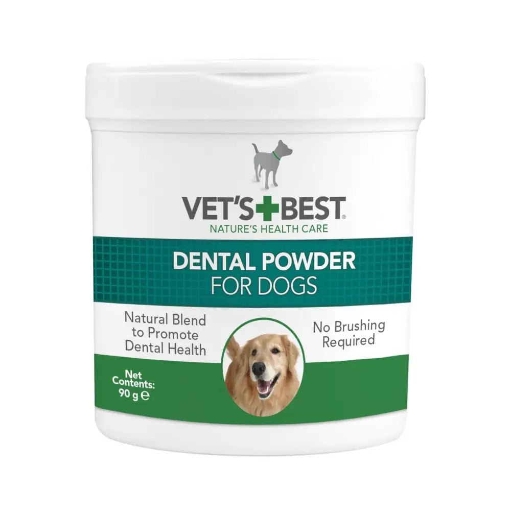 White vet’s best dental powder container for dogs with brown seaweed and golden retriever on green label