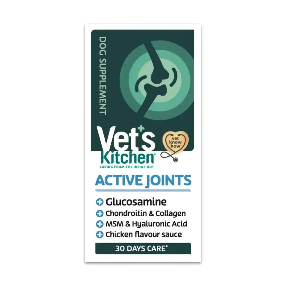 Vet’s kitchen active joints glucosamine dog joint supplement in white teal package with glucosamine chondroitin collagen msm hyaluronic acid