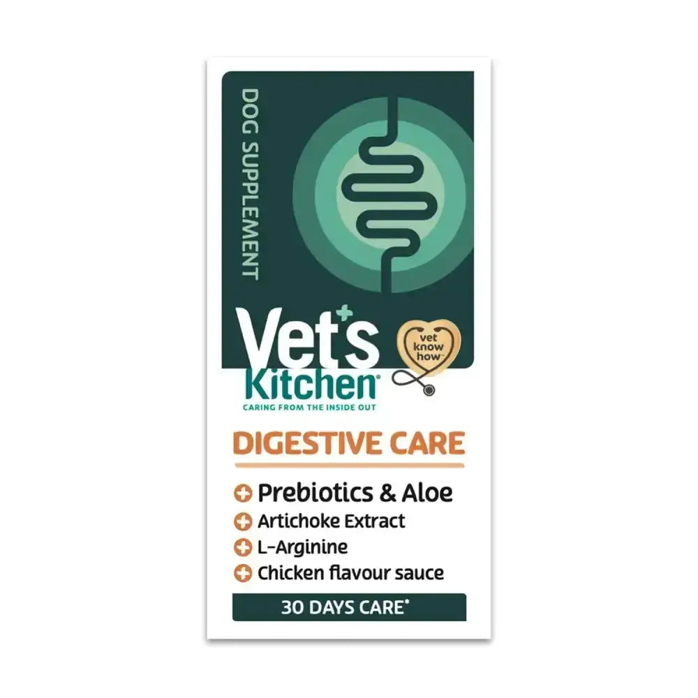 Vet’s kitchen digestive care dog supplement packet with green white packaging and dog supplement prebiotics for 30 days