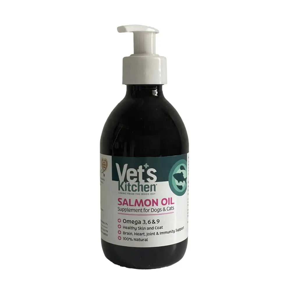 Dark amber glass kitchen salmon oil bottle with white pump for dogs and cats rich in docosahexaenoic acid and eicosapentaenoic acid